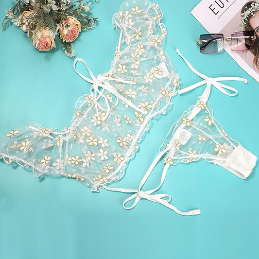Women's Lingerie Tulle Tie Top Thong Sexy Underwear