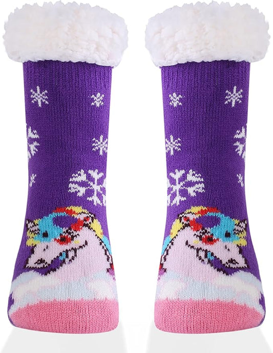 Girls Purple Unicorn Chunky Non Slip Slipper Socks