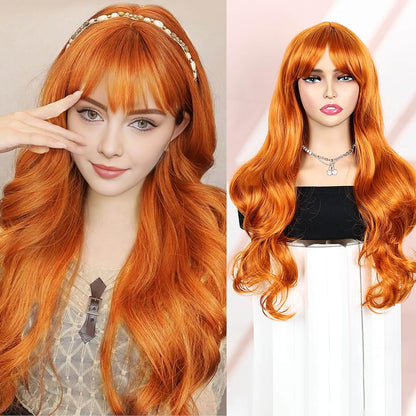 QUEENTAS 22In Ginger Long Synthetic Hair Wig with Bangs