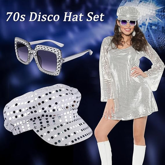 2-Piece 70s Disco Hat Set - Sequined Square Bling Sunglasses & Disco Hat