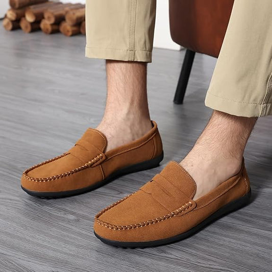 Men's Loafers Flat Breathable Casual Leather Moccasins Handmade Slip On Driving Business Shoes - Tan Suede