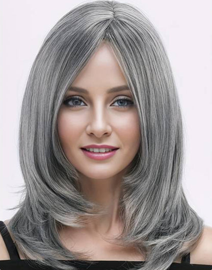 Ishine Womens Silver Grey Wig Long Grey Layered Wig