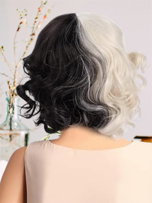 Short wavy black and white wig