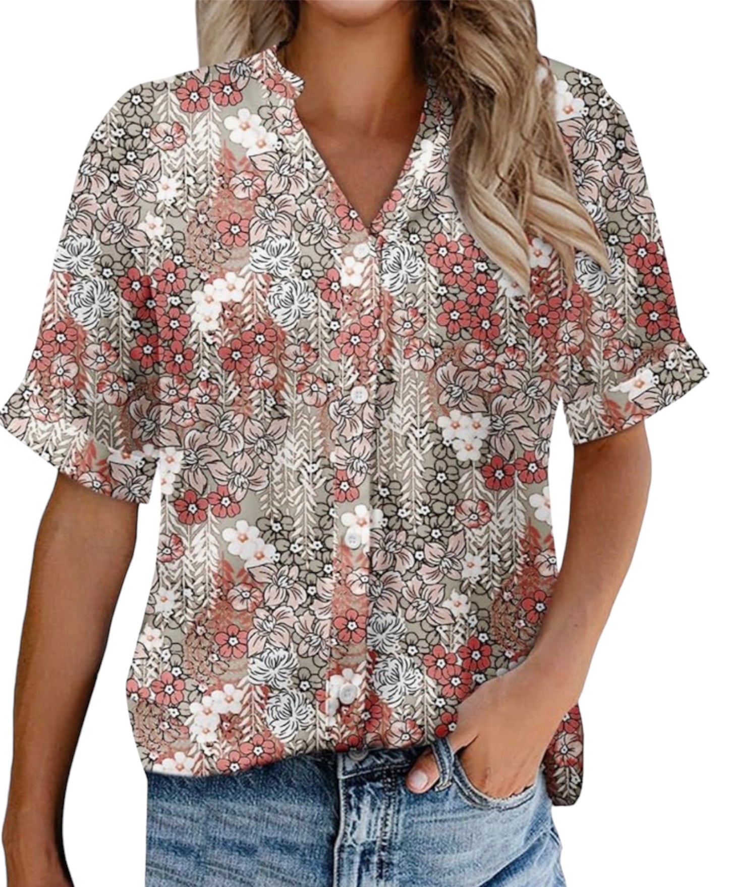 Women's V Neck Floral Print Short Sleeved Shirt Blouse