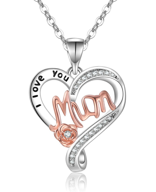 Two-Tone Heart with Moissanite Engraving, I Love You mum with chain