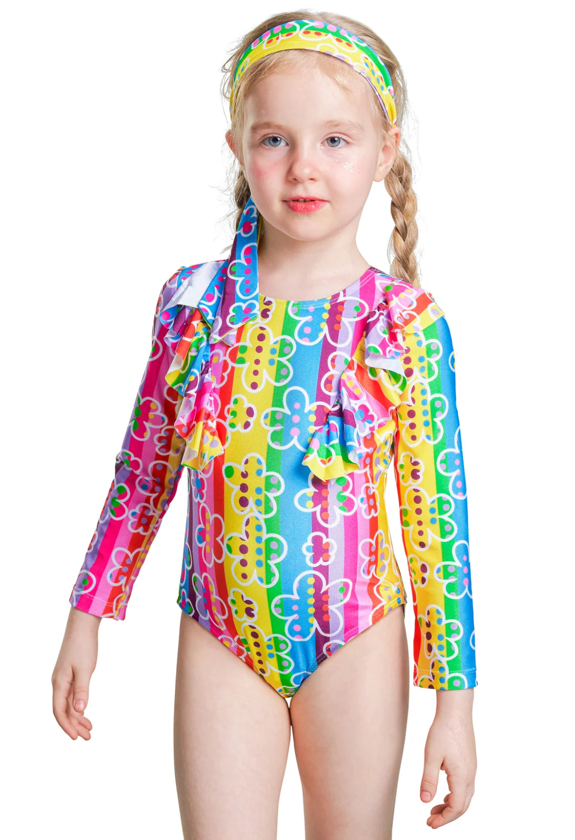 Girls One-Piece Rainbow Stripes Swimwear Headband Set