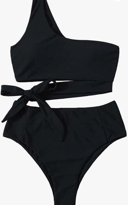 Solid Black Women's Sexy High Waist Bikini Ruffle