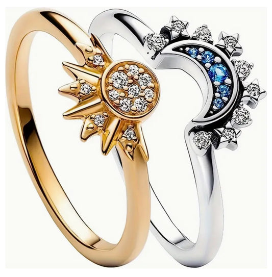 2pcs Inlaid Cubic Zirconia Star Moon Rings, Couple Friendship Ring