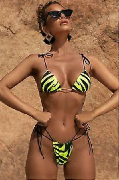 Womens Triangle Bikini Set Stripes Printed Micro Bikini G String Tie Side Thong Bottoms