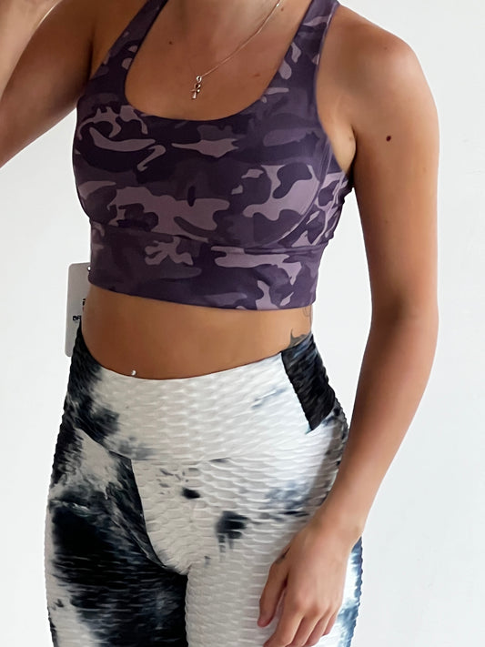 Camo Sports Bra Strappy Cross Back Yoga Gym Running Padded