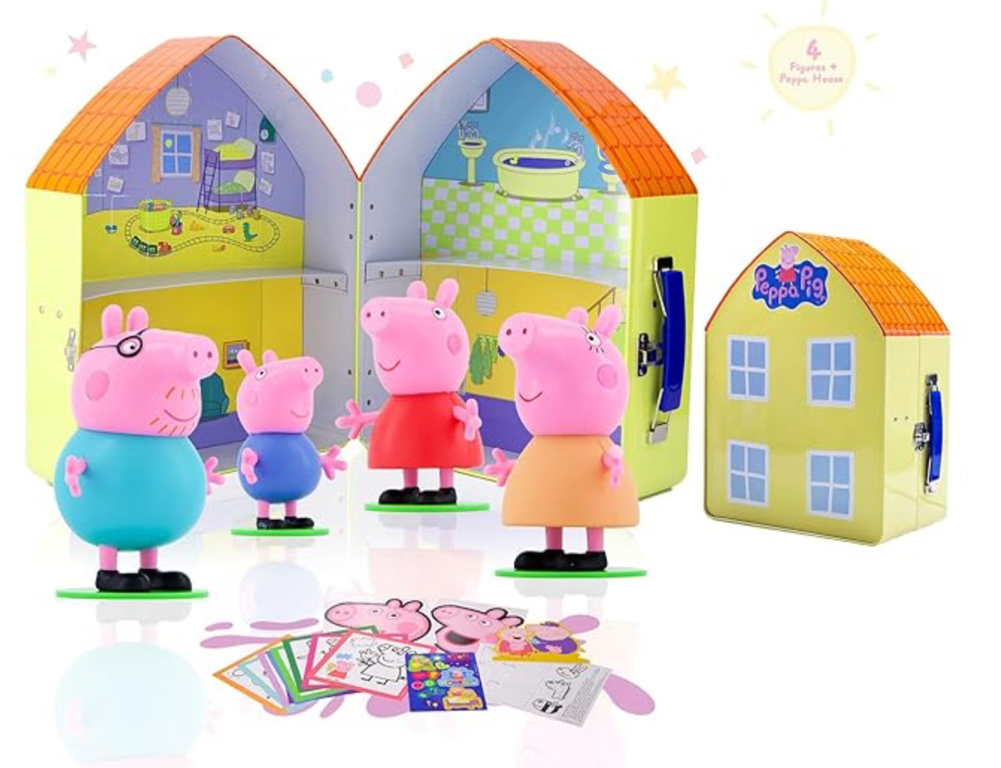 LUPPA Peppa Pig Playset 4 figurines of Peppa Pig´s Family + Tin Box of Peppa Pig´s House and Arts & Craft Set