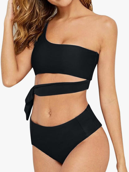 Solid Black Women's Sexy High Waist Bikini Ruffle