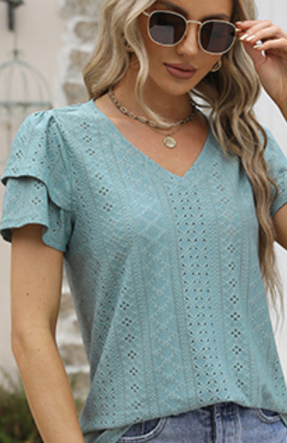 V Neck Ladies Tops Summer Layered Sleeve Loose Tee