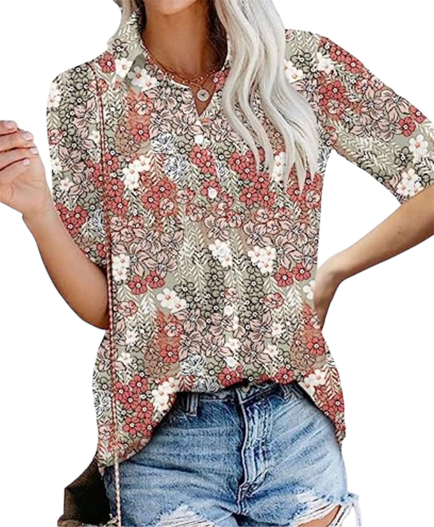 Women's V Neck Floral Print Short Sleeved Shirt Blouse