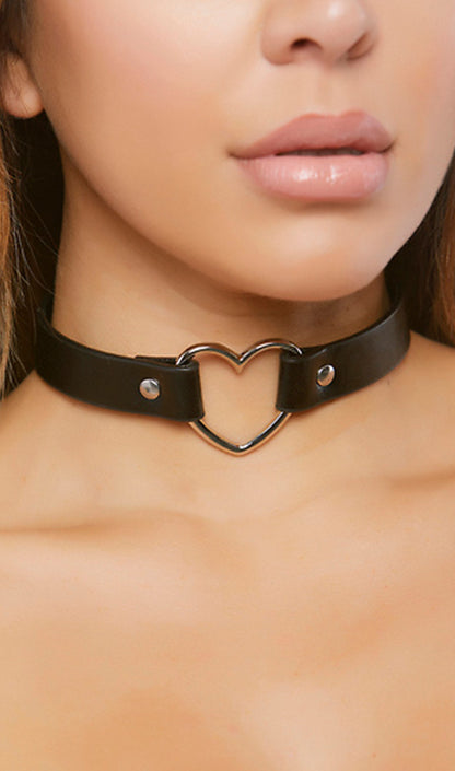 2 Faux Leather Heart Ring Chokers 