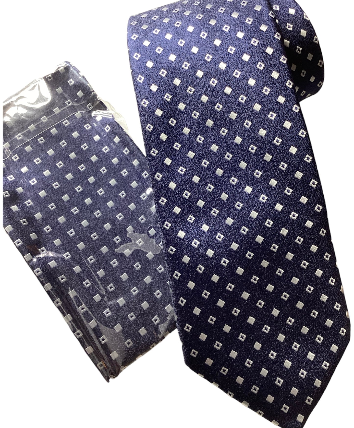 Dark Blue and Silver diamond formal gents tie & pocket square