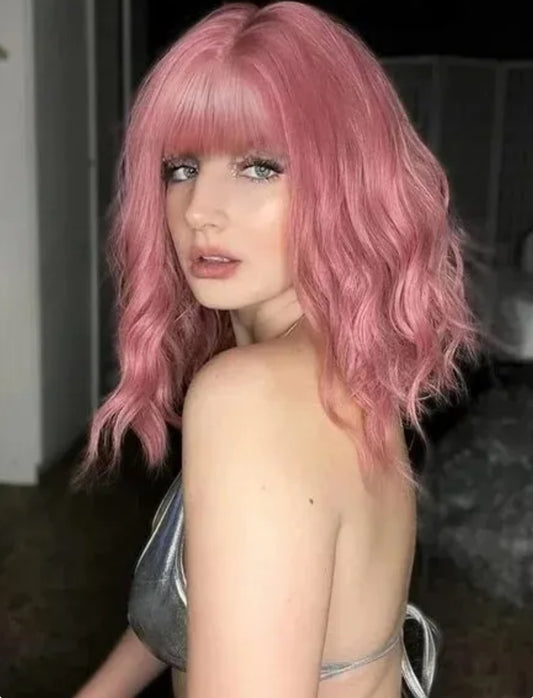 FVCENT Bob Pink Wavy Wig With Bangs Synthetic Heat Resistan