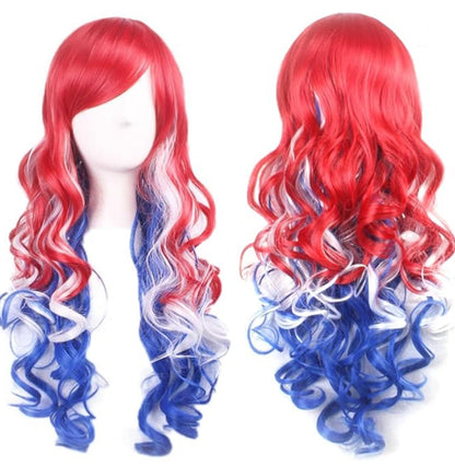 Red White Blue Long Wavy Curly Hair Cosplay Wig