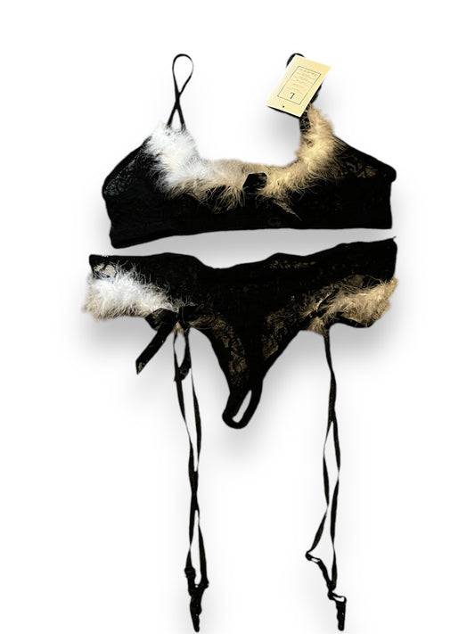 Ladies Black Lace Bralette and Suspender Thong set with White feather Trim and Stockings