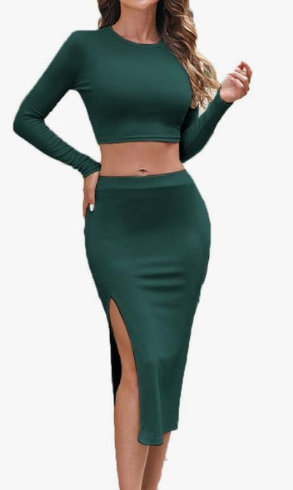 Women's 2 piece long sleeve crew neck ribbed crop top and bodycon slit midi skirt - Green