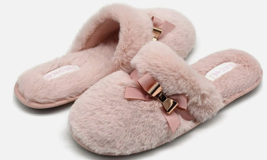 Ladies Pink Fluffy Slippers with Rose Gold Bow Detail