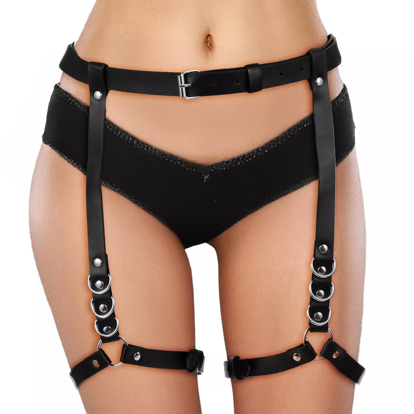 Leather Leg Harness for Woman, Adjustable Thigh Harness for Women (Black)