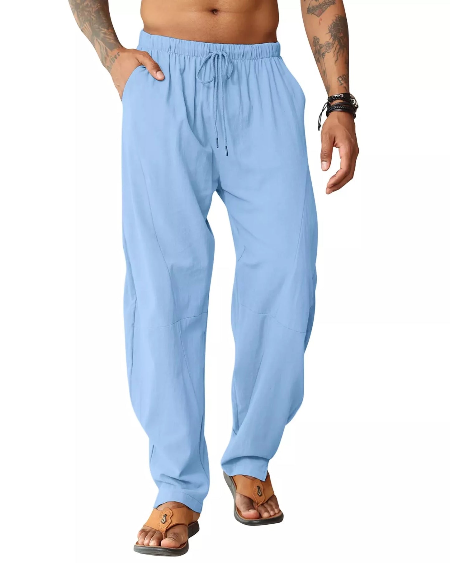 EDITCOZY Mens Linen Trousers Beach Pants Loose Hippy