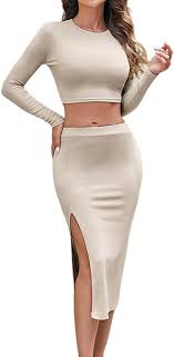 Women's 2 piece long sleeve crew neck ribbed crop top and bodycon slit midi skirt - cream