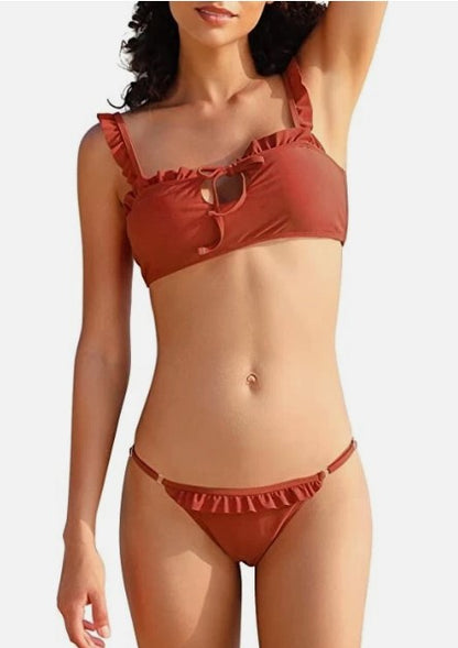 Shekini women's two piece frilly bikini set with padded top and tanga style bottoms